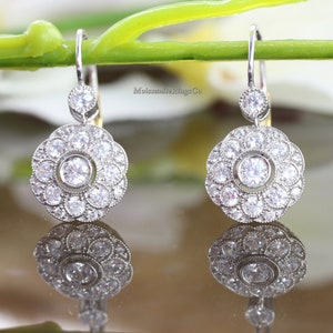 Art Deco Antique Vintage Diamond Earrings, Lever Back Drop & Dangle Earrings, Round Diamond Milgrain Earring, Milgrain Bezel Set Earrings