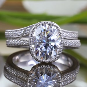 Bridal Ring Set, Elongated Cushion Engagement Ring, Filigree Vintage Style Ring, Milgrain Bezel Set Tulip Ring, Curved Nesting Wedding Band
