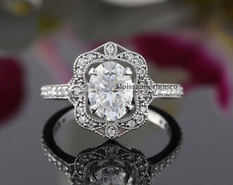 Oval Cut Vintage Art Deco Ring, Engagement Ring, 14K Solid Gold Ring, Milgrain Vintage Art Deco Ring, Oval Cut Moissanite Wedding Rings,