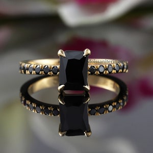 Black Radiant Cut Moissanite Ring, Solitaire With Accent Ring, Engagement Ring, Black Radiant Cut Minimalist Ring 14K Yellow Solid Gold Ring