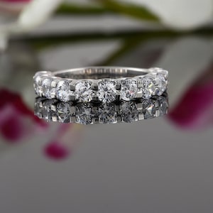 Shared Prong Half Eternity Wedding Band, Round Colorless Moissanite Band, Stacking Minimalist Band, Anniversary U Prong Comfort Fit Band