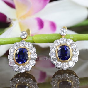 Floral Halo Diamond Earrings, Blue Sapphire Diamond Bezel Set Latch Back Earrings, Art Deco Antique Vintage Diamond Earrings, 14K Gold Over