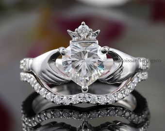 Heart Shape Claddagh Ring, 1.5CT Heart Cut Moissanite Engagement Wedding Ring Set, Proposal Ring, Curved Band Promise Ring, 14K White Gold