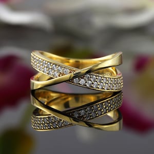 Criss Cross Band, X Cross Stackable Band, Crossover Round Colorless Moissanite Wedding Band, - Cross X ring, 14K Solid Gold For Women Band