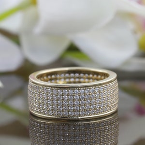 Five Row Diamond Full Eternity Band, Round Diamond Wedding Band Milgrain Channel Set Diamond 14K Yellow Gold Five Row Eternity Cocktail Band