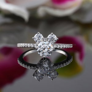 Three Stone Moissanite Ring, Mouse Shape Round Cut Moissanite Diamond Ring, Solitaire With Accents Engagement Wedding Ring, 14K White Gold