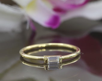 Diamond Solitaire Ring, Baguette Single Stone Ring, Stacking Dainty Diamond Solitaire Ring, 14K Yellow Gold Baguette Diamond Engagement Ring