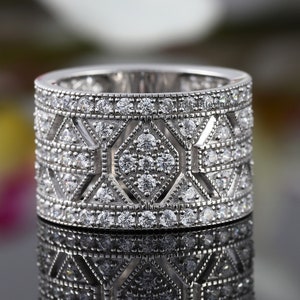 12MM Width Vintage Wedding Band, Round Moissanite Band, Vintage Wide Moissanite Ring, Milgrain Filigree Band, Vintage Look Cigar Band