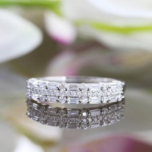 Three Row Moissanite Wedding Band, Half Eternity Band, Round & Baguette Cut Diamond Engagement Band, Three Row Eternity 14K Solid Gold Band