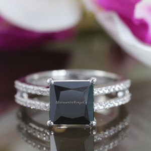 Princess Black Diamond Ring, Engagement Wedding Ring, 2 CT Princess Cut Black Simulant Diamond Ring, Accents Diamond Ring, 14K White Gold