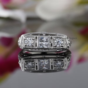 Circa 1910-20s Vintage Edwardian Ring, Antique Filigree Ring, Engagement Ring, Three Stone Moissanite Ring, Princess &Round Cut Diamond Ring