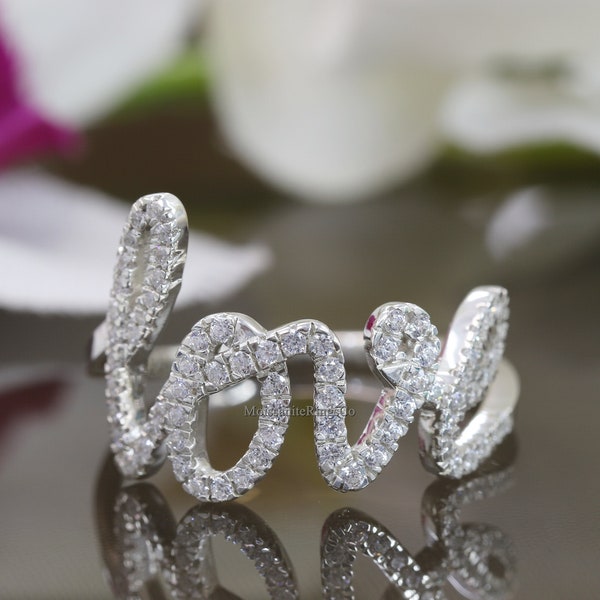 Love Script Ring, Cursive Letter Love Band, Handwritten Love Diamond Ring, Promise Ring, 14K Gold Round Diamond Engagement Wedding Rings