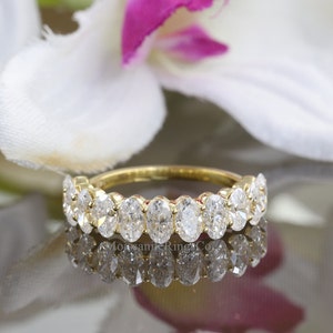 Half Eternity Moissanite Wedding Band, Oval Cut Moissanite Engagement Band, 14K Yellow Gold Oval Eternity Band, Matching Band, Women's Band