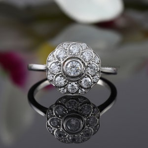 Floral Halo Vintage Ring, Round Cut Moissanite Ring, Halo Engagement Ring, Edwardian Style Ring Cluster Vintage Ring Milgrain Bezel Set Ring