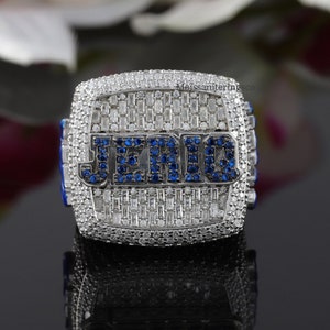 VVS Fully Iced Out Moissanite Men&#39;s Ring, Blue Sapphire Ring, Hip Hop Customized Ring, Custom Name Men&#39;s Ring, 14KGold Moissanite Men&#39;s Ring