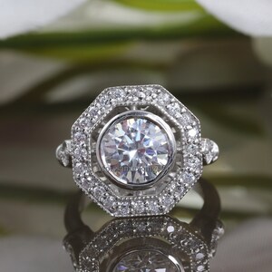 Antique Art Deco Ring, Bezel Set Milgrain Diamond Ring, Hexagon Shape Halo Diamond Ring, 14K White Gold 2 CT Round Cut Diamond Art Deco Ring