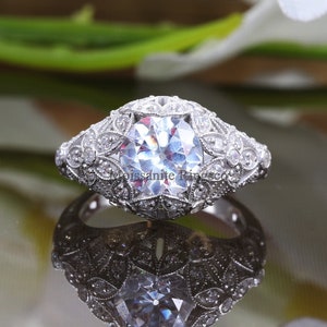 Vintage Art Deco Ring, 2CT Old European Cut Moissanite Engagement Ring, Edwardian Milgrain Bezel Set Ring, Filigree Ring, 14K Solid Gold