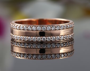 Men's Round Moissanite Band, Two Row Moissanite Wedding Band, Round Cut Full Eternity Bands, Men's Wedding Band, 14K Solid Rose Gold Band