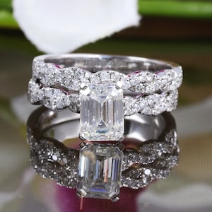 Solitär mit Akzent Ring, Eternity Twisted Ehering, 2ct Moissanite Ring im Smaragdschliff, Brautring Set, Verlobungsring, 14K Massivgold