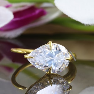Open Cuff Moissanite Ring, Hidden Halo Solitaire 7.5CT Pear Cut Moissanite Ring, Engagement Ring, Adjustable Ring 14K Gold East to West Ring