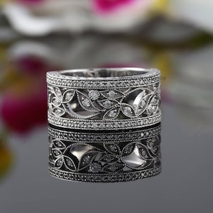 Vintage Wide Moissanite Engagement Band, Milgrain Half Eternity Wedding Band, Vintage Leaf Inspire Band, Filigree Art Deco 14K Gold Band