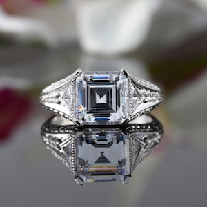 5CT Vintage Asscher Cut Moissanite Engagement Ring, Art Deco Vintage Style Moissanite Ring, 14K White Gold Antique Milgrain Asscher Cut Ring