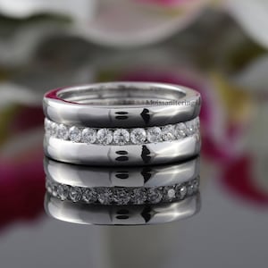 Eternity Moissanite Men&#39;s Wedding Band, Channel Set Eternity Round Moissanite Engagement Ring, 14K Solid White Gold Moissanite Men&#39;s Band