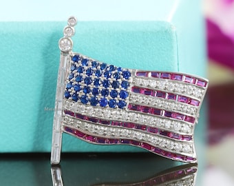American USA Flag Brooch, Honor, Pride  Patriotic Jewelry, Hand Crafted 4th of July American Flag Pin Brooch, Stars & Stripes, 925 Silver