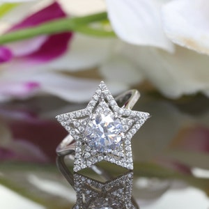 Star Shape Halo Diamond Ring, Double Halo Engagement Wedding Unique Ring, Star Shape Halo Diamond Ring, 14K Gold Round Moissanite Star Ring