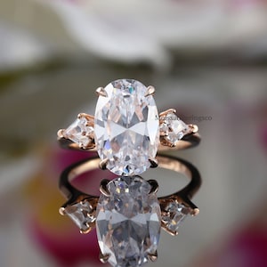 3CT Three Stone Oval Cut Moissanite Ring, Three Stone Kite Shape Ring, Engagement Ring, Past Present Future Ring 14K Rose Solid Gold Ring
