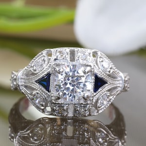 Sapphire Art Deco Ring, Engagement Ring, Miligrain Ring, Round Diamond Ring, Filigree Ring, Vintage Style Art Deco Ring, 925 Sterling Silver
