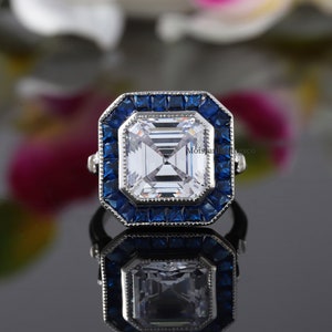 Vintage Art Deco Ring, Bezel Set 5.5CT Asscher Cut Moissanite Blue Sapphire Halo Ring, 925 Silver Antique Art Deco Engagement Wedding Rings