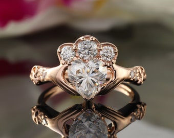 Heart Claddagh Ring, Irish Ring, 1.5CT Heart Cut White Moissanite Ring, Ireland Engagement Wedding Ring,  Anniversary Ring, 14K Solid Gold