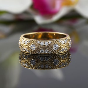 Art Deco Anniversary Gift Band, Milgrain Band with Antique Charm Band, Wide Half Eternity Band, Round Moissanite 14K Solid Yellow Gold Band