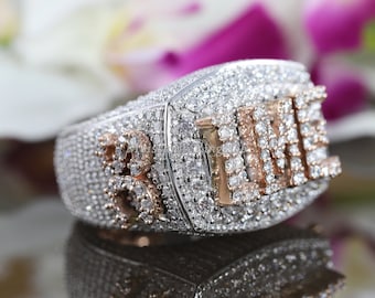 Custom Name Men s Ring Ice Out Moissanite Diamond Ring Personalized Moissanite Men Ring Hip Hop Style Ring 14K Two Tone Gold Finish Ring