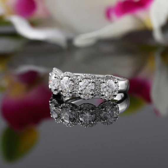 Five Stone Halo Moissanite Band, Engagement Ring, Round Cut Five Stone Half  Eternity Wedding Band, Stackable Band, 14K Solid Gold Band