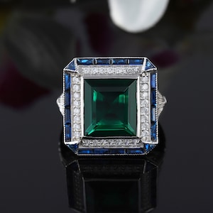 Anello di fidanzamento con alone di diamanti taglio principessa verde, anello da cocktail da festa, anello unico in stile filigrana, anello nuziale vintage in stile Art Déco con smeraldo