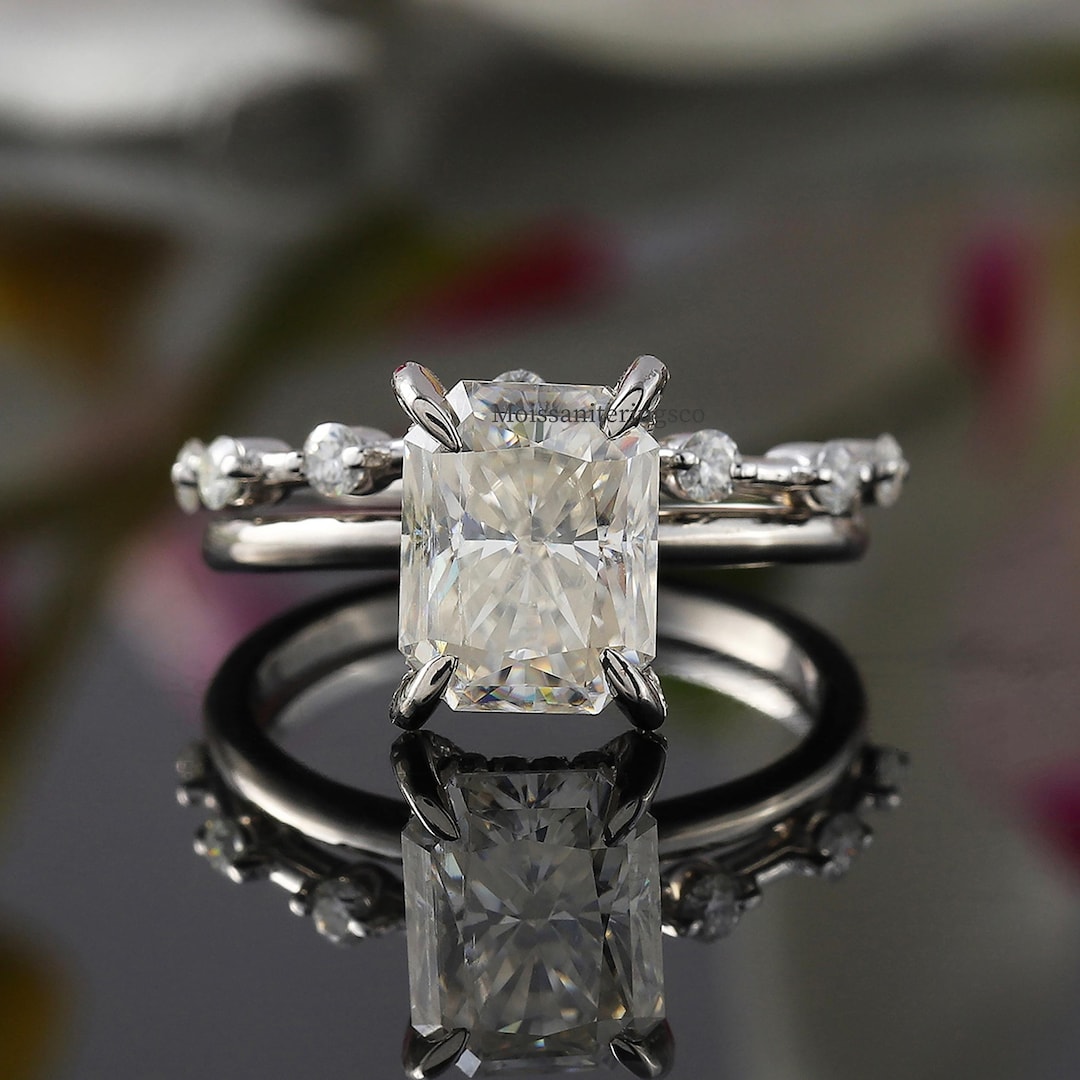 Distance Stacking Rings Radiant Cut Bridal Ring Set, Solitaire Hidden Halo Ring Set, Thin ...