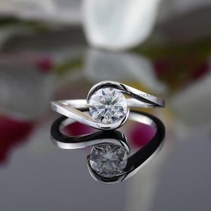 Swirl Bypass Ring, Solitaire Tension Set Ring, IGI Certified 1CT Round Lab Grown Diamond Engagement Wedding Ring Gift For Her 14K White Gold