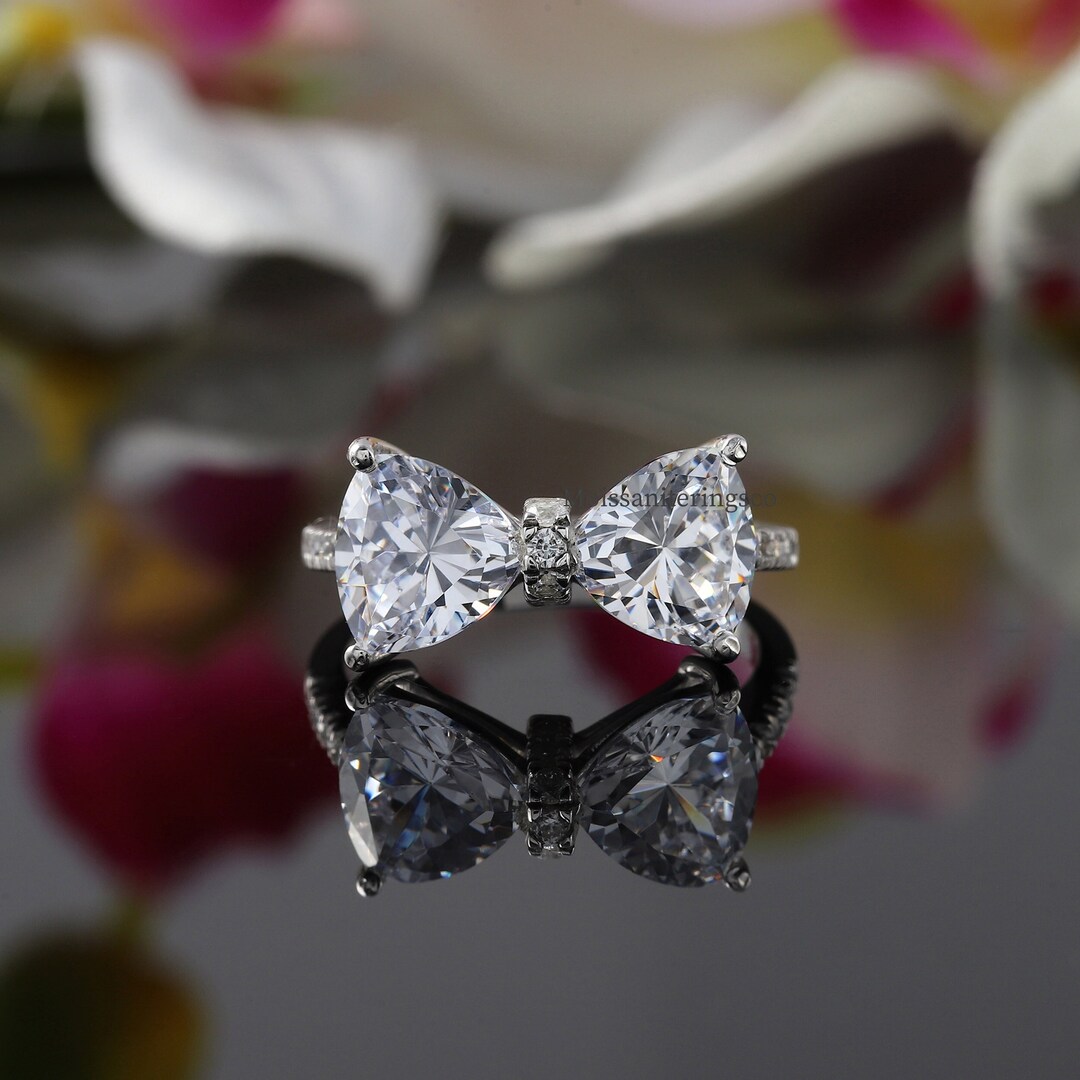 Two Stone Bow Tie Ring, Trillion Cut Moissanite Ring, Bow Tie