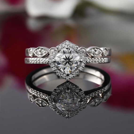 Cushion Cut Moissanite Halo Ring Set, Scalloped Diamond Eternity