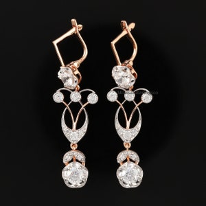 Antique Vintage Earrings, Round Moissanite Wedding Earrings, Bezel Set Drop & Dangle Latch Back Earring, Two Tone Earring, 14K Rose GoldOver