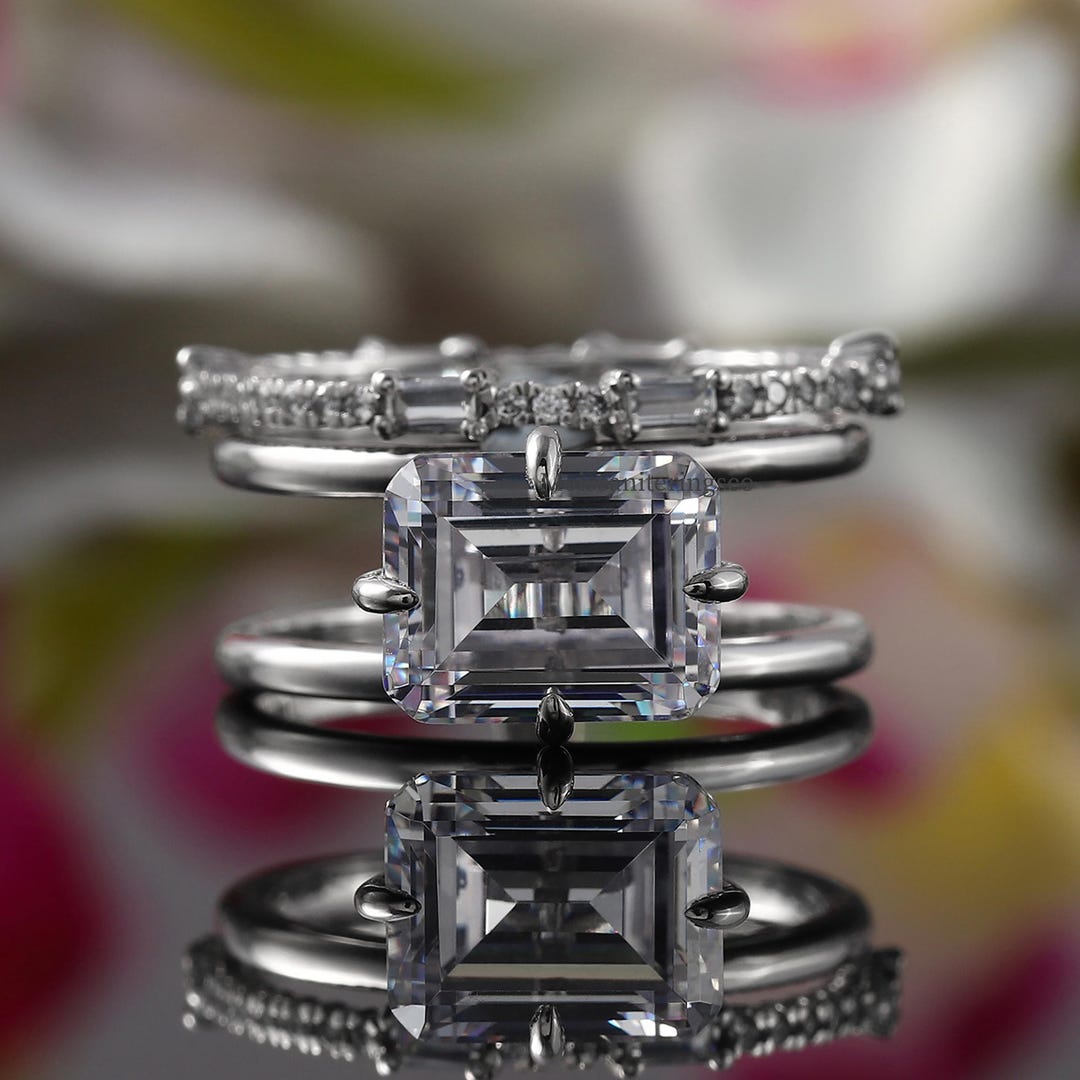 Stackling East to West Emerald Cut Bridal Ring Set, Two Row Solitaire Emerald Cut ...