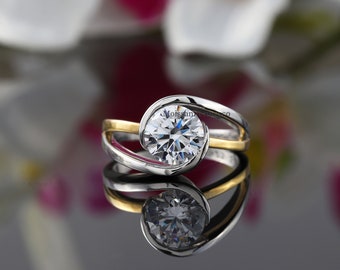 Two Tone Swirl Bypass Ring, Solitaire Ring, Tension Set Ring, 1.5CT Round Cut Moissanite Engagement Wedding Ring, 14K Solid White Gold Ring