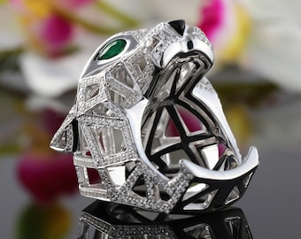Green-Eyed Panther Ring, Animal Inspire Moissanite Ring, Panther Head Men's Ring, Round Moissanite Panther Ring, 925 Silver Cocktail Ring