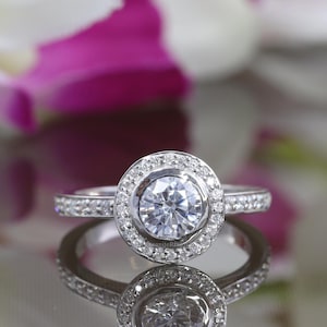Halo Diamond Engagement Ring, Hidden Halo Bezel Set Diamond Ring, 14K Solid Gold Ring, 1CT Round Cut Moissanite Diamond Wedding Halo Ring