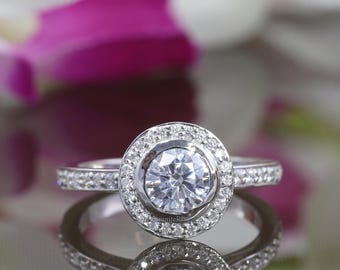Halo Diamond Engagement Ring, Hidden Halo Bezel Set Diamond Ring, 14K Solid Gold Ring, 1CT Round Cut Moissanite Diamond Wedding Halo Ring
