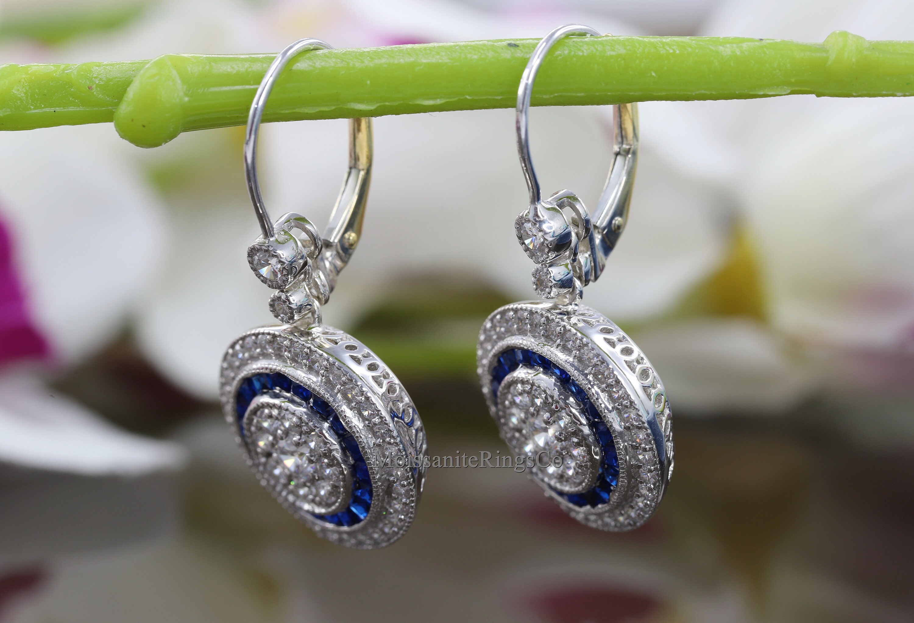 14K Gold Over Round And Blue Sapphire Diamond Milgrain Earring Art Deco Antique Vintage Diamond Earrings Lever Back Drop & Dangle Earrings
