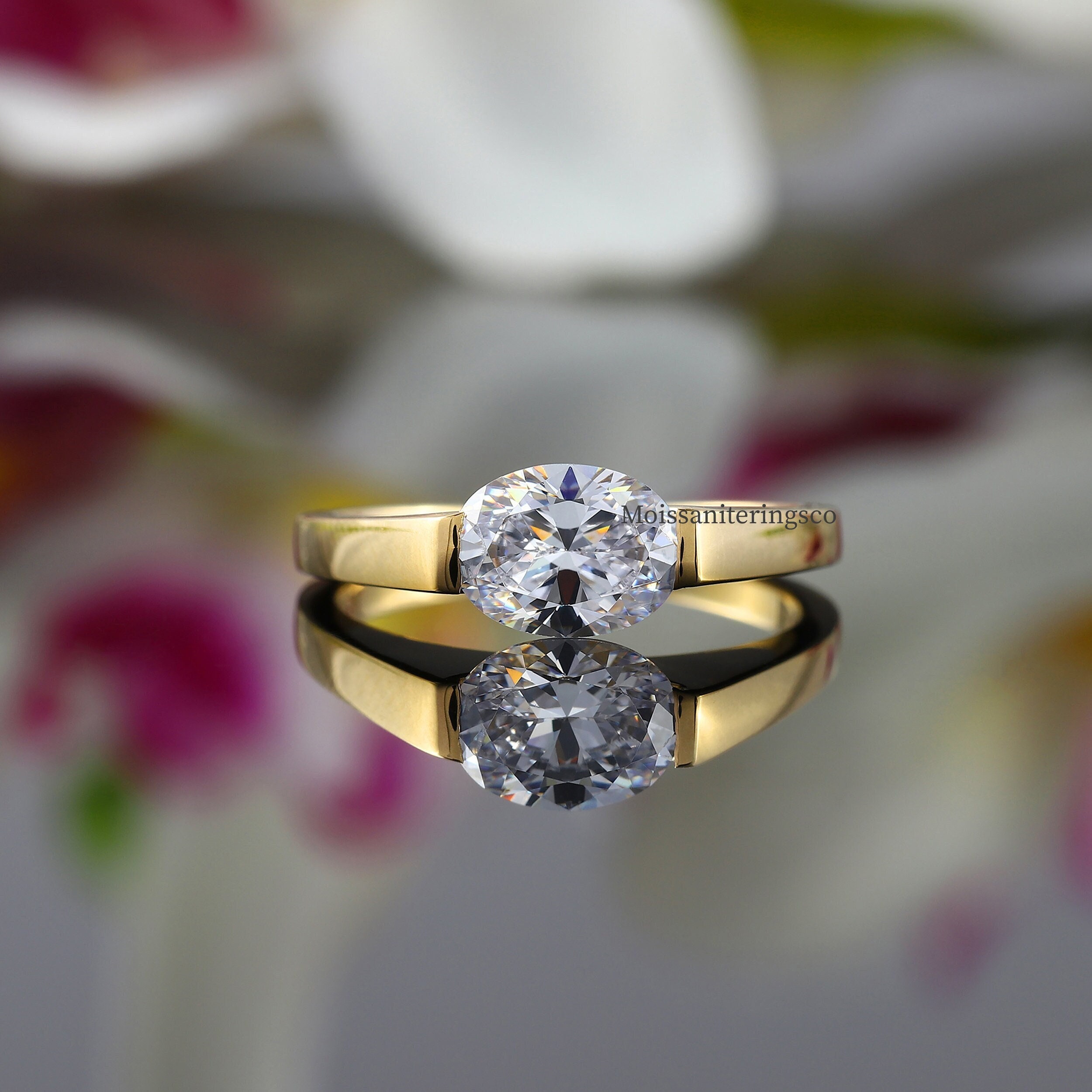 East To West Oval Cut Ring, Soliatire Oval Cut Moissanite Ring, East To West Ring, Engagement Ring, Tension Set Ring, 14K Solid Gold Ring