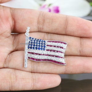 American USA Flag Brooch, Honor, Pride  Patriotic Jewelry, Hand Crafted 4th of July American Flag Pin Brooch, Stars & Stripes, 925 Silver